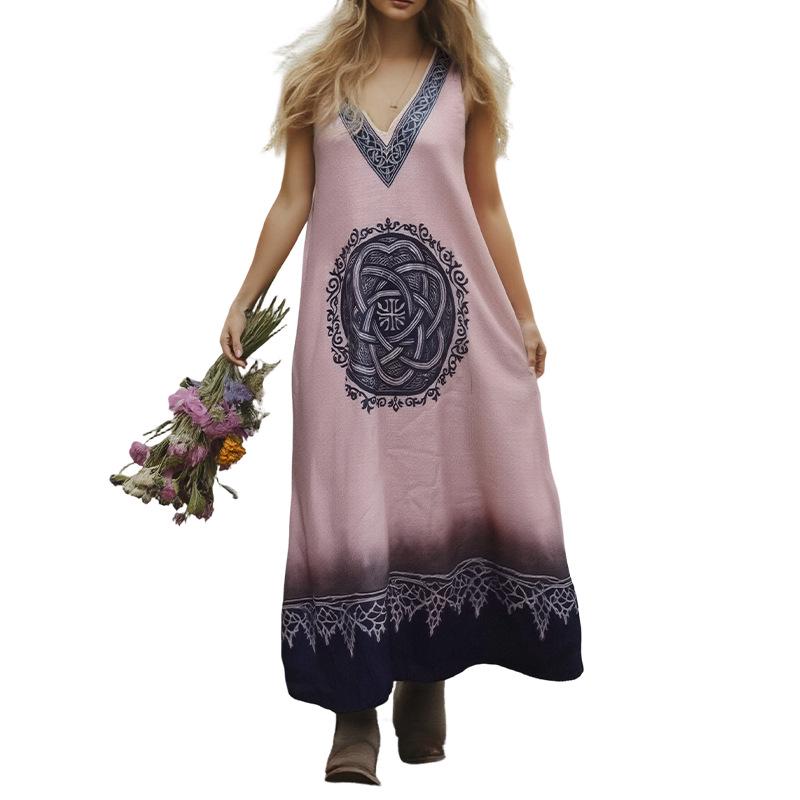 

Pink Floral V-Neck Maxi Dress - Casual Loose Fit for Women, Perfect for Vacation or Travel Medium розовый