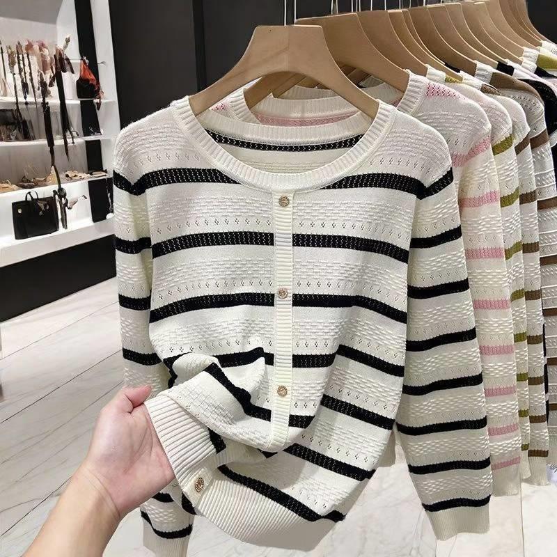 Korean Style Striped Hollow Loose Knit Sweater for Women – 2026 Long Sleeve Lightweight Inner Layer