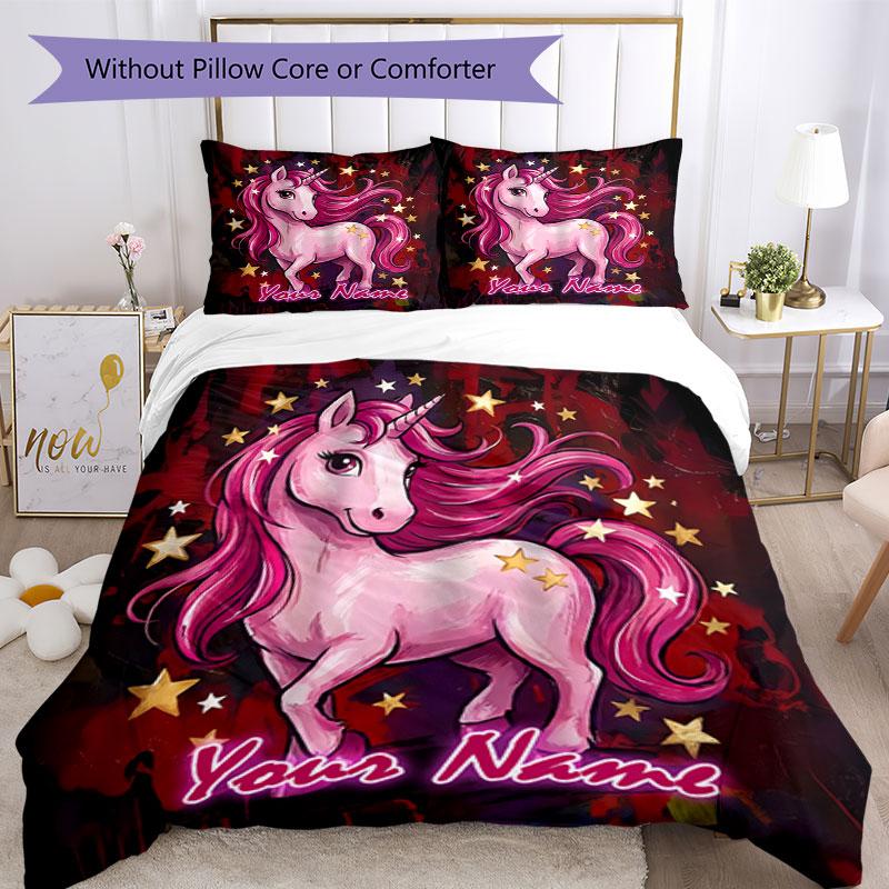 3pcs Custom Name Magical Unicorn Fantasy Bedding Set Printed Bedding Set Duvet Cover Closure Includes 1 Duvet Cover & 2 Pillowcases Bedroom Decor