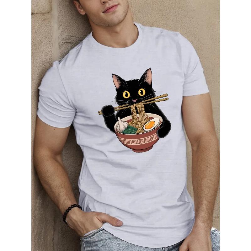 European sizes Black cat with ramen Men's Short Sleeve T-shirt Summer T-shirt Top