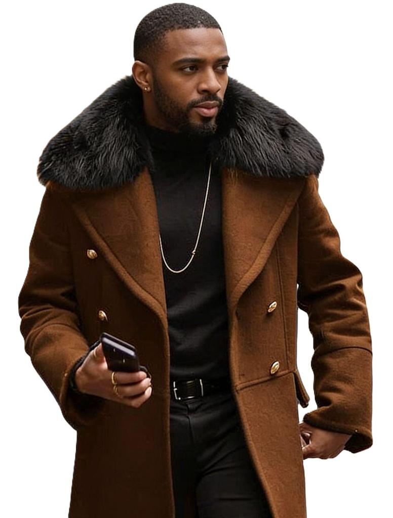 Men's Plus Size Double-Breasted Fur Collar Wool Coat