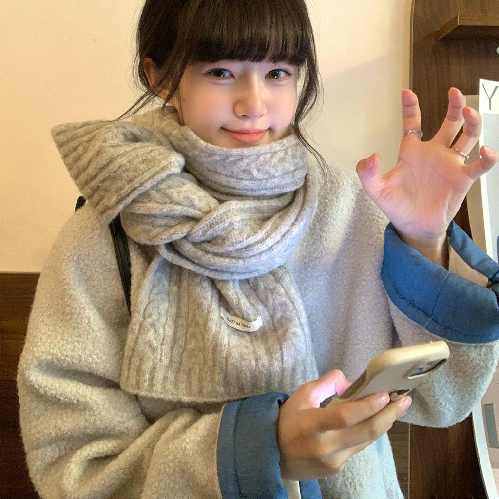 Solid Color Korean Style Cable Knit Scarf for Women - Warm Wool Neck Warmer for Autumn and Winter