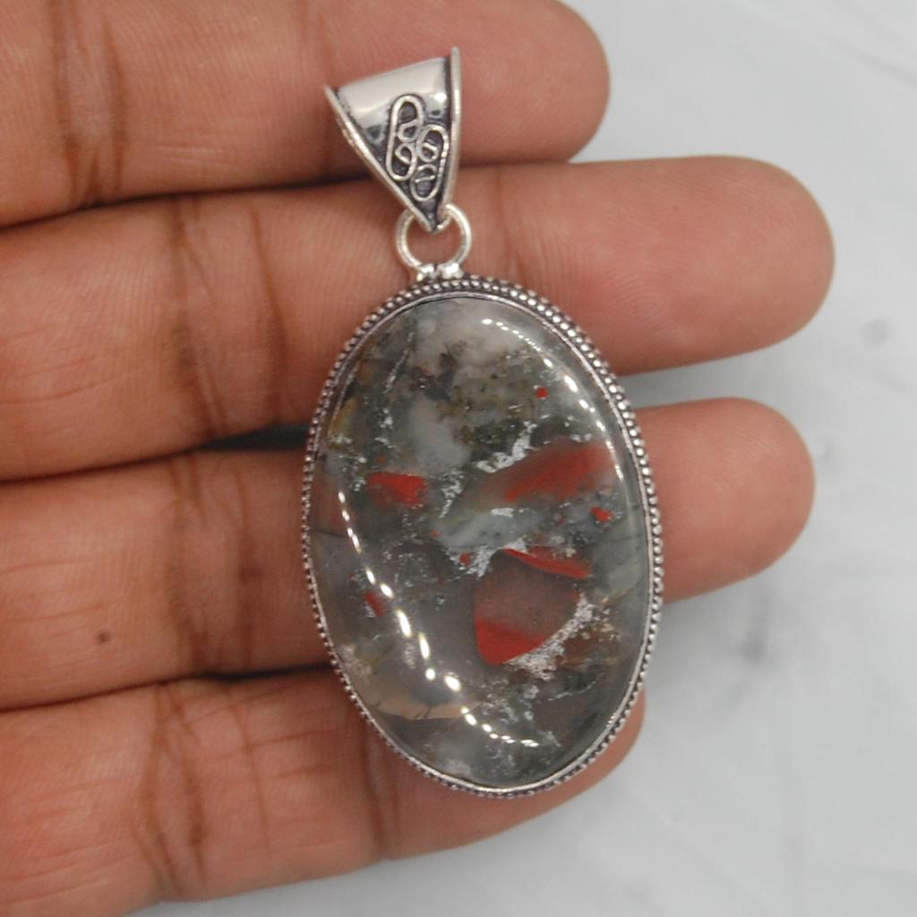 Huge Oval African Bloodstone 925 Sterling Silver Pendant Jewelry, Unique Boho Style Pendant