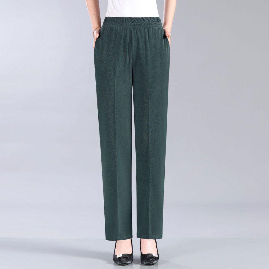 

Ice Silk Women s High-Waisted Elastic Casual Straight-Leg Pants for Summer - Mid to Elderly, Plus Size Nine-Point Length. 5XL: 72.5-80 kg