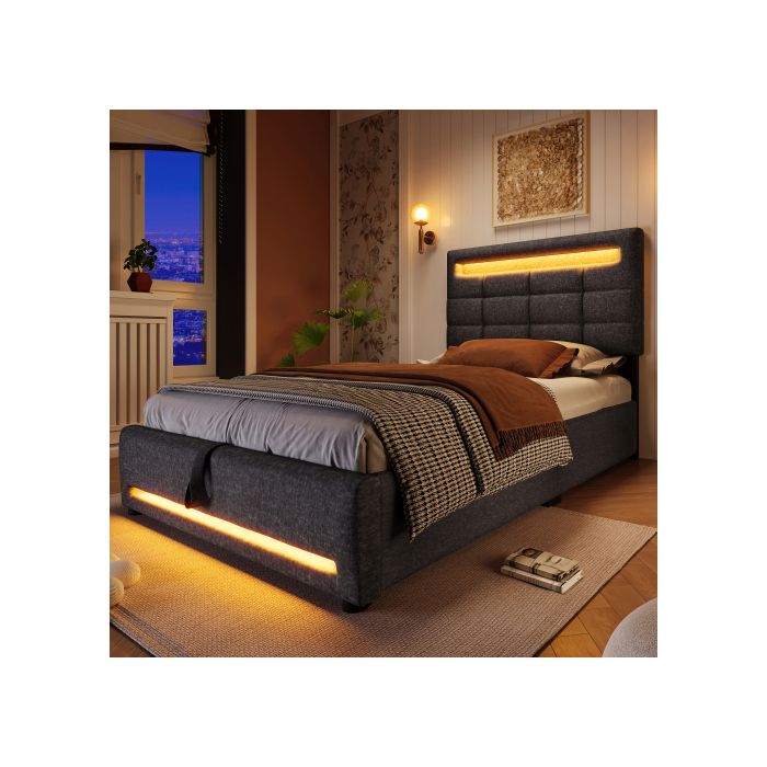 Lit Rembourré - MUVOE - 90x200 Cm - Gris - Support Hydraulique - Télécommande APP