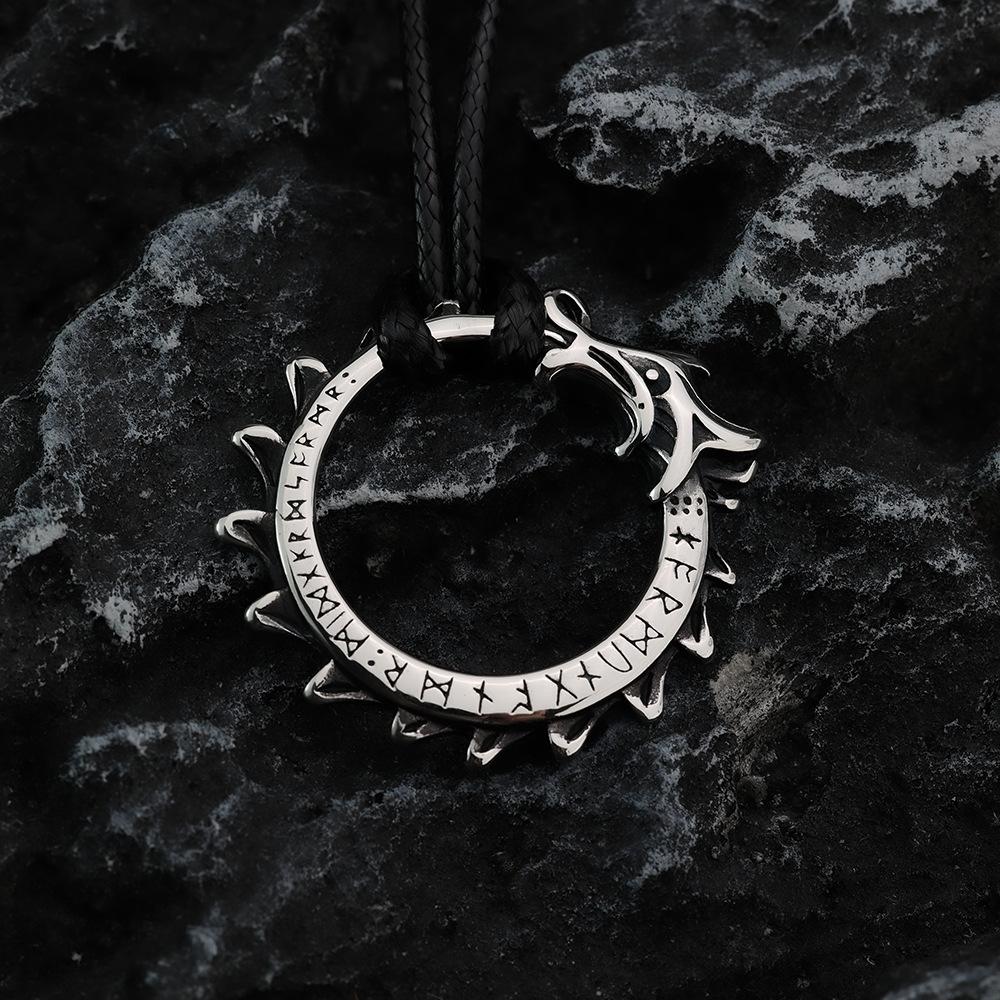 Vintage Stainless Steel Men's Norse Rune Dragon Pendant Necklace