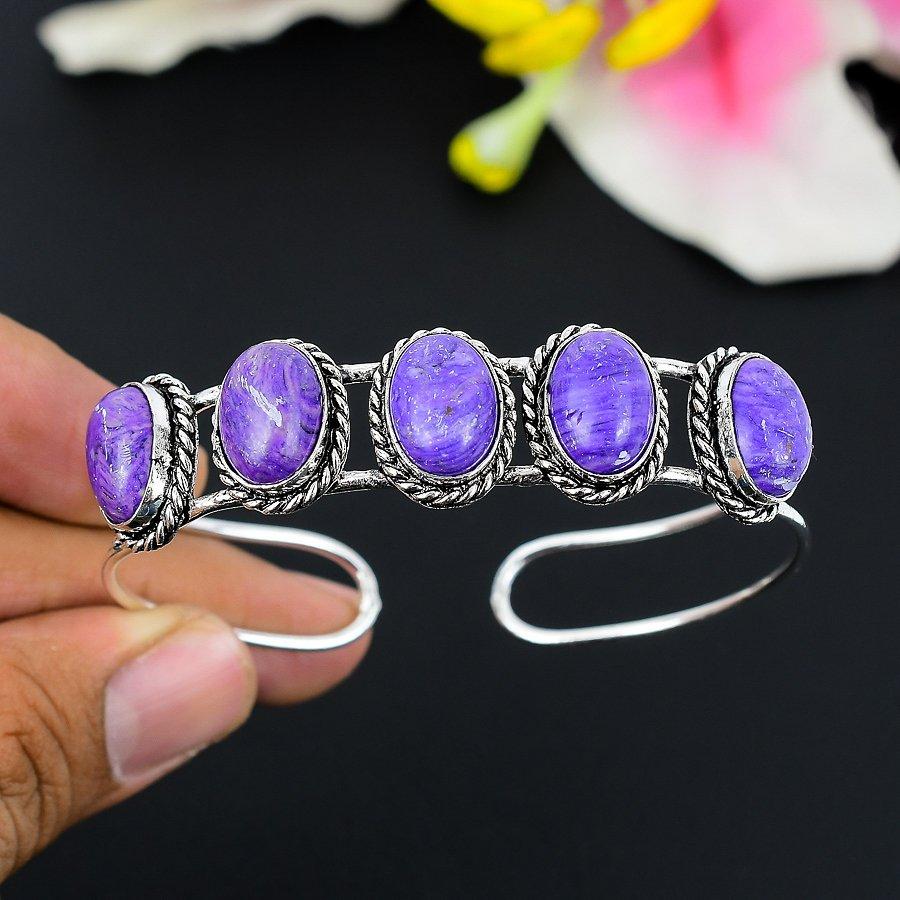Charoite Gemstone Handmade 925 Sterling Silver Cuff Bangle Adjustable KG-248