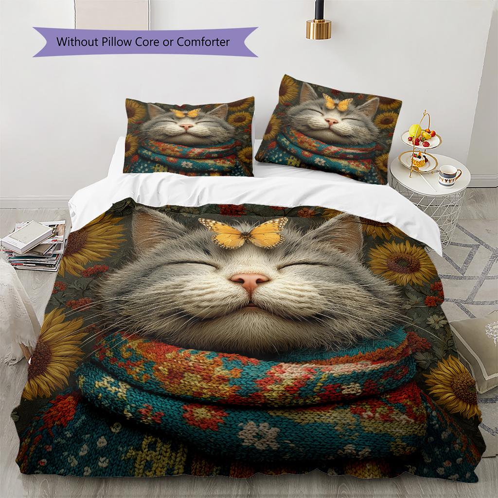 Tabby Cat Pattern Bedding Quilt Set Quilt Cover Pillowcase Home Decoration Gift (1 * Duvet Cover + 2 * Pillowcase, Without Core)