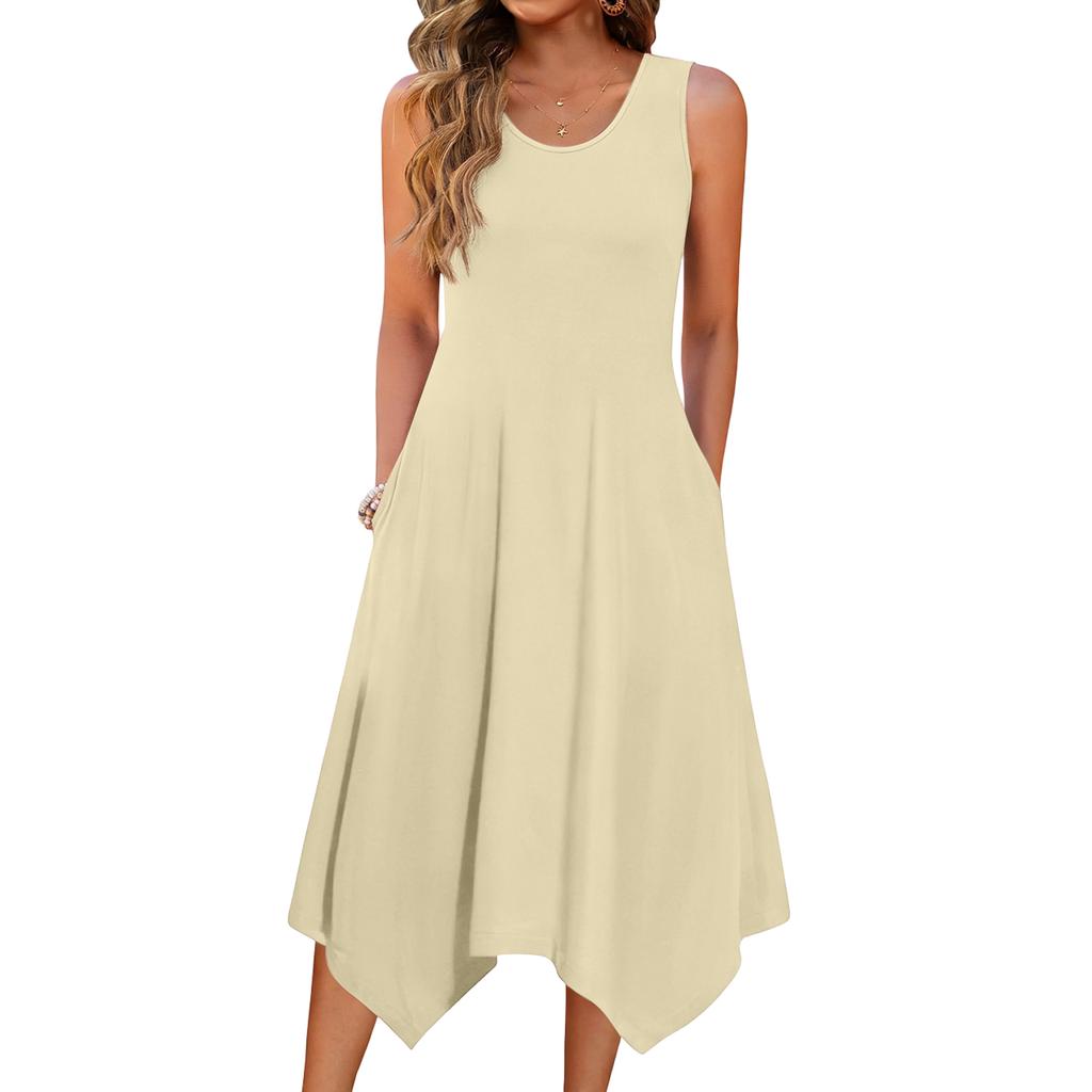 Damen Freizeitkleid für den Sommer, Tankkleid, lockeres Strandkleid mit Taschen, ausgestelltes Midi-Sommerkleid