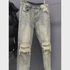 Men's Retro Patchwork Slim Zipper Jeans - Trendy Straight-Leg Style
