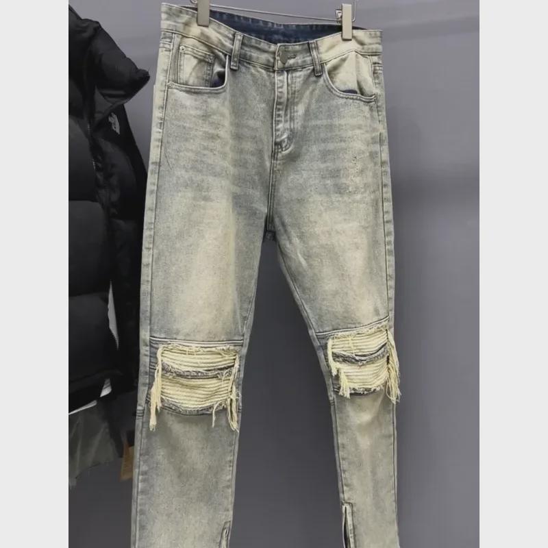 Men's Retro Patchwork Slim Zipper Jeans - Trendy Straight-Leg Style