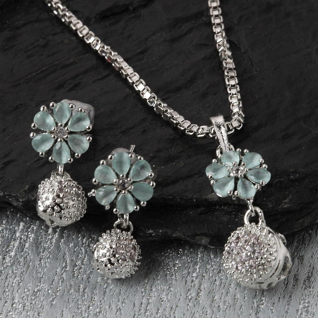 Rhodium-Plated Silver Toned Green Cubic Zirconia studded Floral Shaped Cute Pendant with Earrings Jewellery Set for Girls and Women