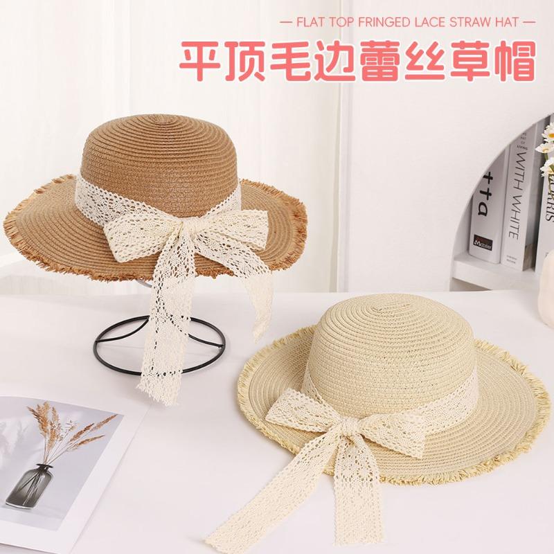 Summer Raffia Flat Top Burr Straw Hat Small Fresh Lace Bow Sweet Shade Outdoor Sun Hat Straw Hat