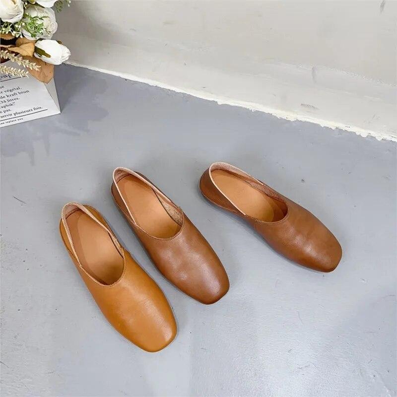 Johnature Zapatos planos poco profundos de cuero genuino con punta redonda y suela blanda, mocasines casuales de color sólido para mujer