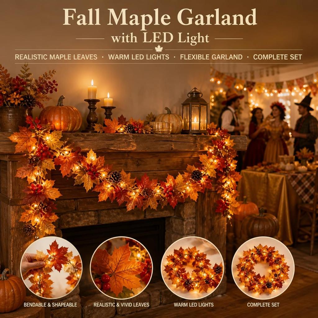 Fall Maple Garland with LED Lights: 5.9ft Artificial Autumn Leaves Hanging Vines for Seasonal Home Décor Thanksgiving Fireplace Mantel Party Decorati