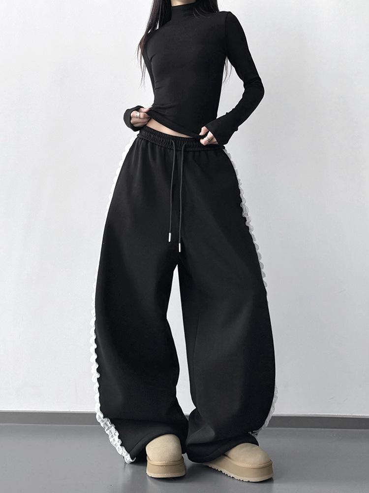 Damen Jogginghose 2025 Schwarz mit seitlicher Spitze - Elastischer Bund, Vielseitig Weiter Schnitt, Lässige Street Dance Hose