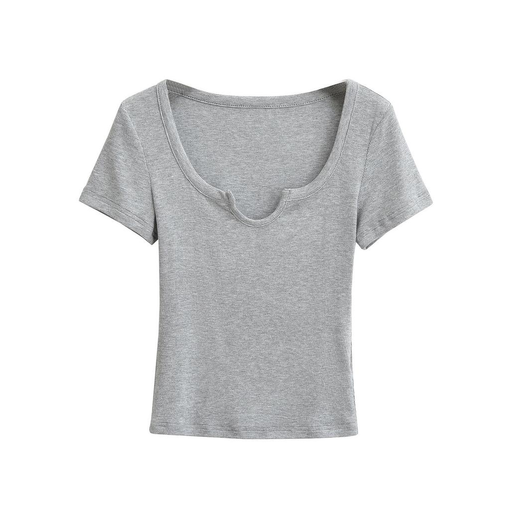 Summer 2025 European & American Style Ribbed Slim Fit U-Neck Short Sleeve Top