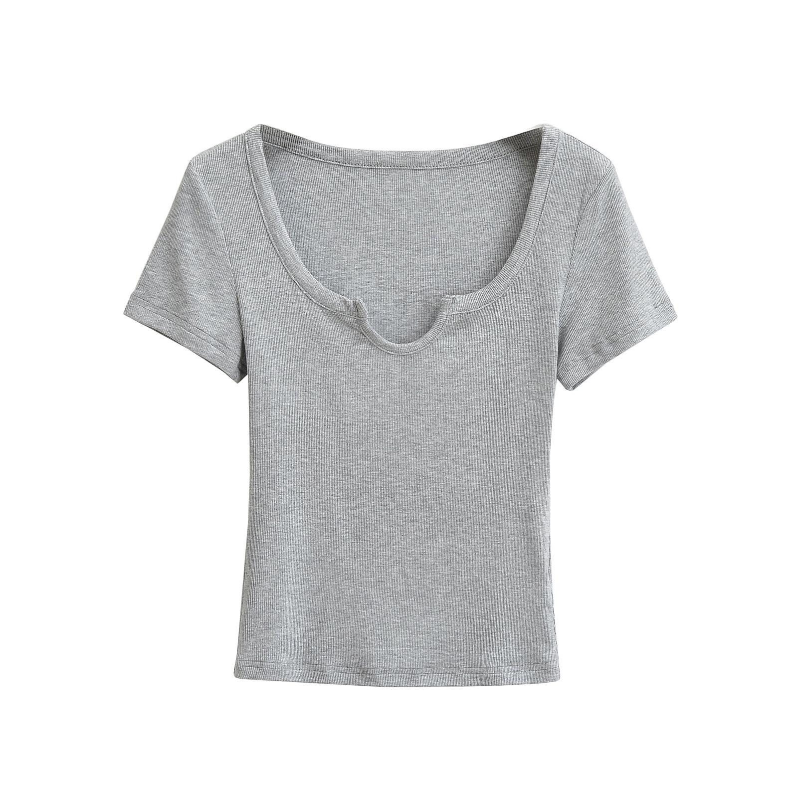 

Лето 2025 Европейский и Американский Стиль В рубчик Облегающий Топ с U-образным вырезом и короткими рукавами Small серый