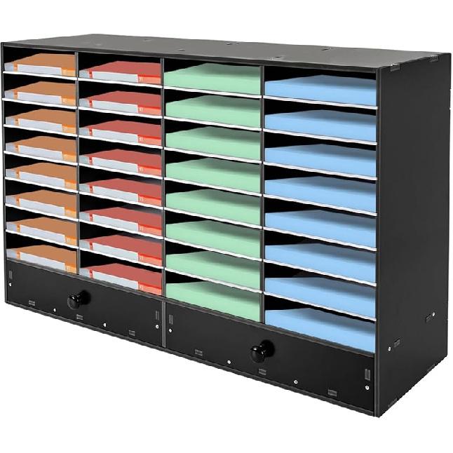 

Literature Organizers, 32 Compartments Office Mailbox with Adjustable Shelves and 2 Drawers, Wood Literature Sorter 39.4*12*25.2in inches for Office, чорний