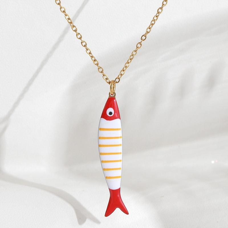 

Cute Colorful Enamel Fish Pendant Necklace for Women Stainless Steel Stripe Fish Charms Summer Beach Party Vacation Jewelry Gift