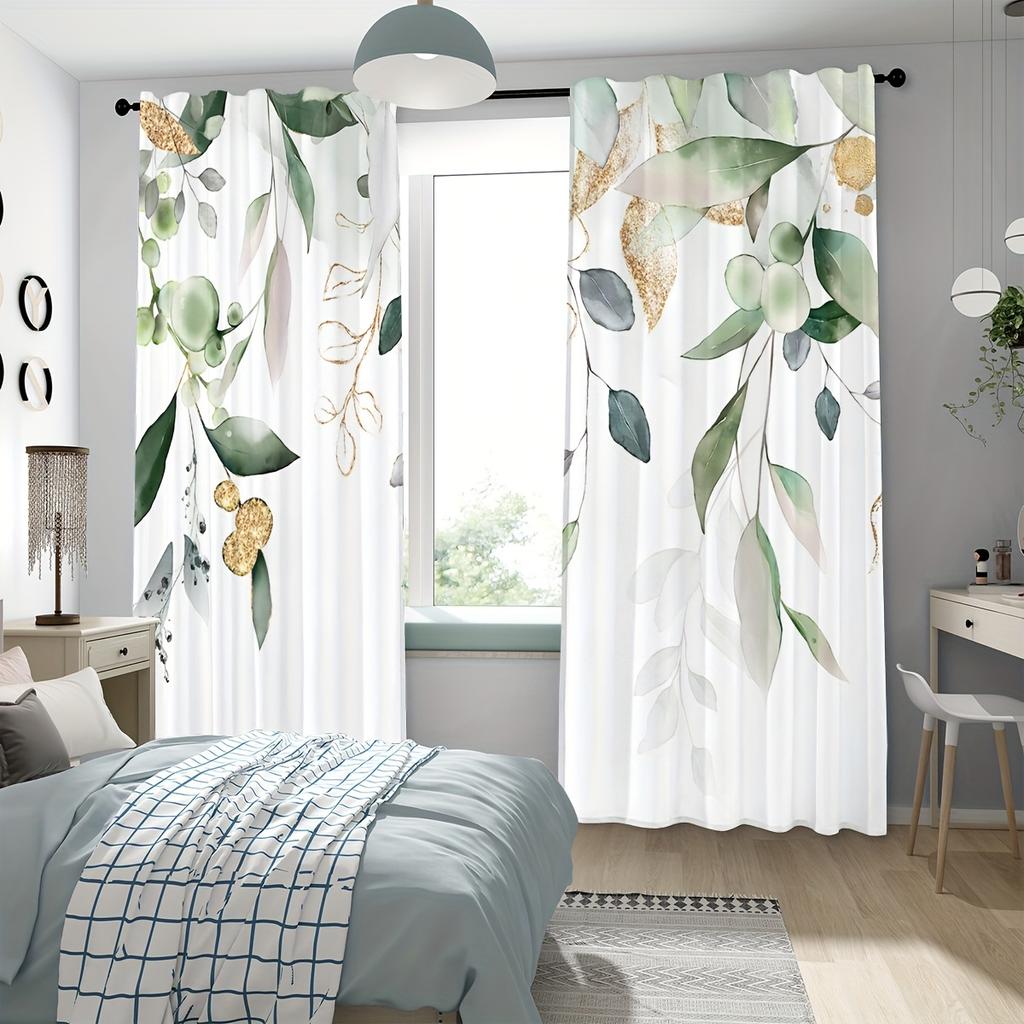 2-teiliges Set Klassische grüne Blumen-Blatt-Vorhangpaneele Stangentasche Halbtransparent Polyester Drapierungen für Schlafzimmer Wohnzimmer Heimdekoration