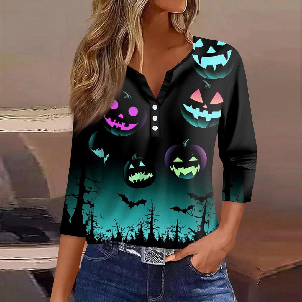 Dames T-shirt Tee Halloween Bedrukt Knoop 3/4 Mouw Tuniek Dagelijks Weekend Mode Basic V-hals Normale Top