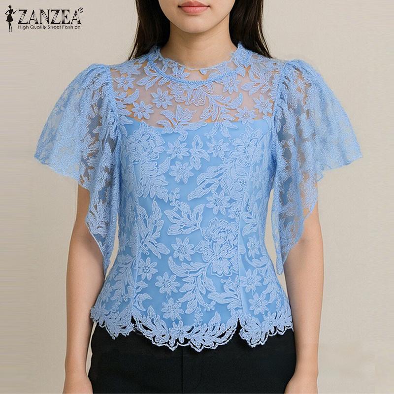 ZANZEA Women Casual Round Neck Ruffles Sleeve Summer Lace Blouse
