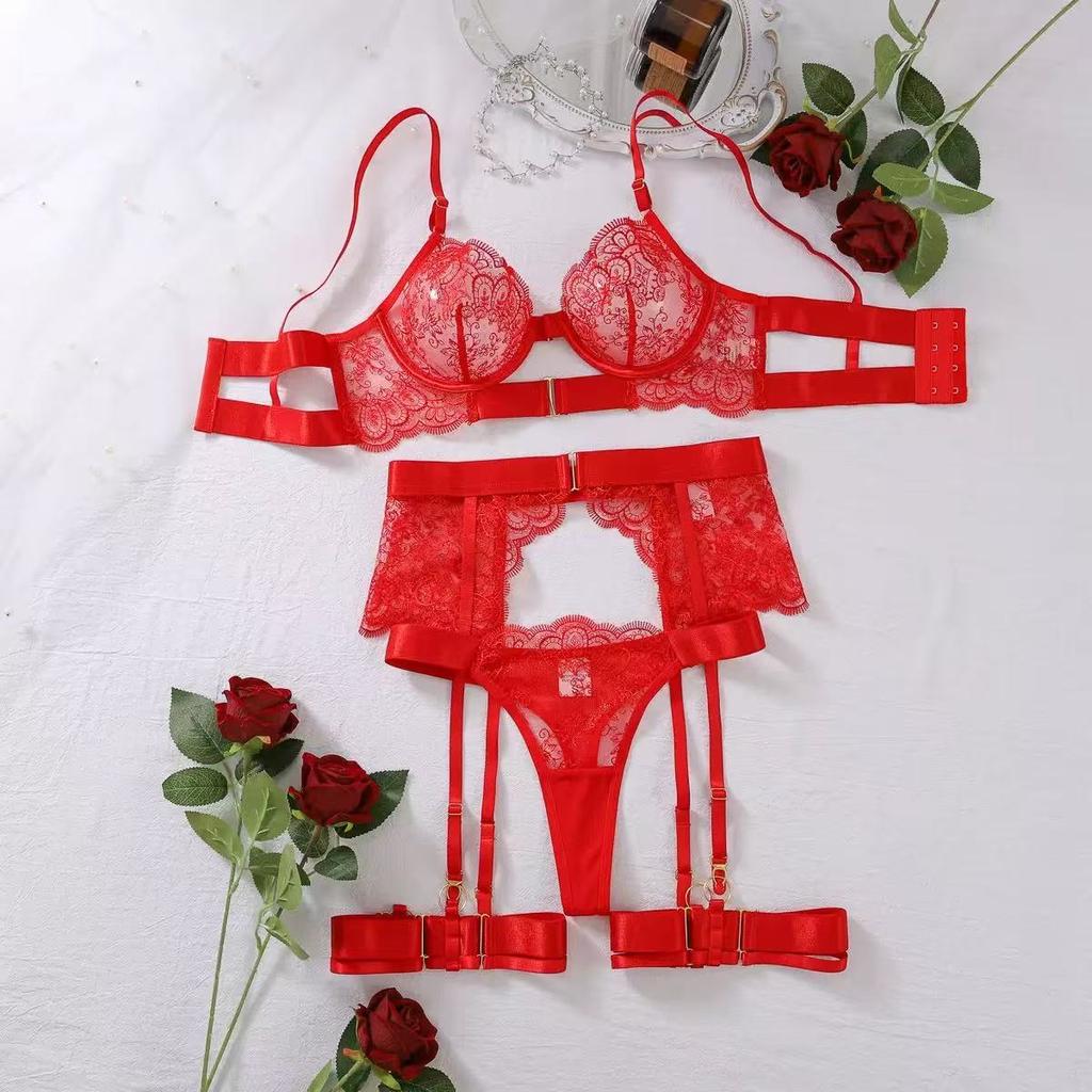 New Lace Embroidered Metal Buckle Sexy Lingerie Set Women's See-through Push Up Erotic Costume Fantasy Intimate Fancy Exotic Set