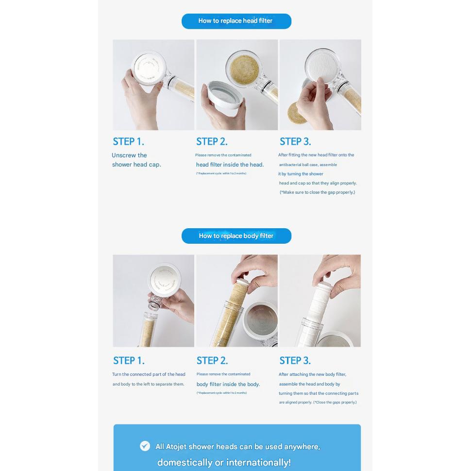 atojet Set Duș cu Filtru – Cap de Duș de Înaltă Presiune cu Economie de Apă cu Filtrare Triplă, Coreean