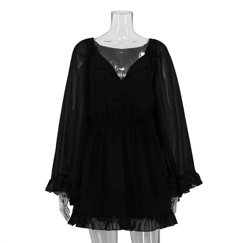 

Western Style Mesh See-through Long sleeve Square Collar Lace-up Dress Waist Hugging Pleat A- line Skirt Sexy Mesh Dress Black S