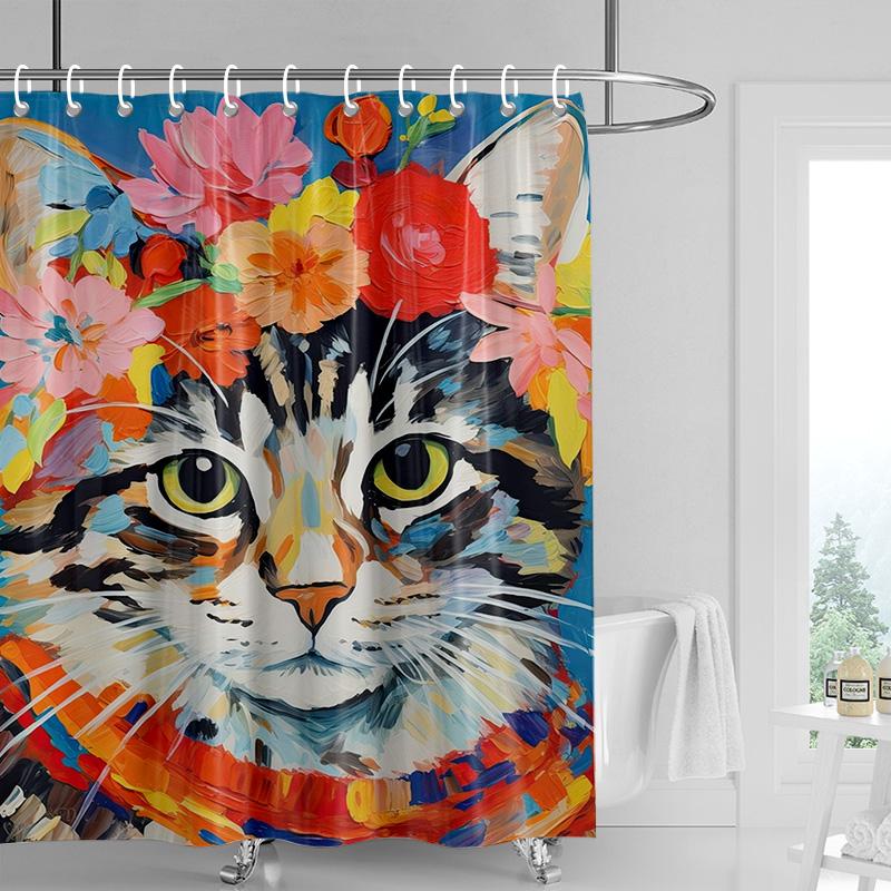 Cartoon cat waterproof shower curtain home decoration bathroom partition shower curtain 180x 200cm with 12 hooks