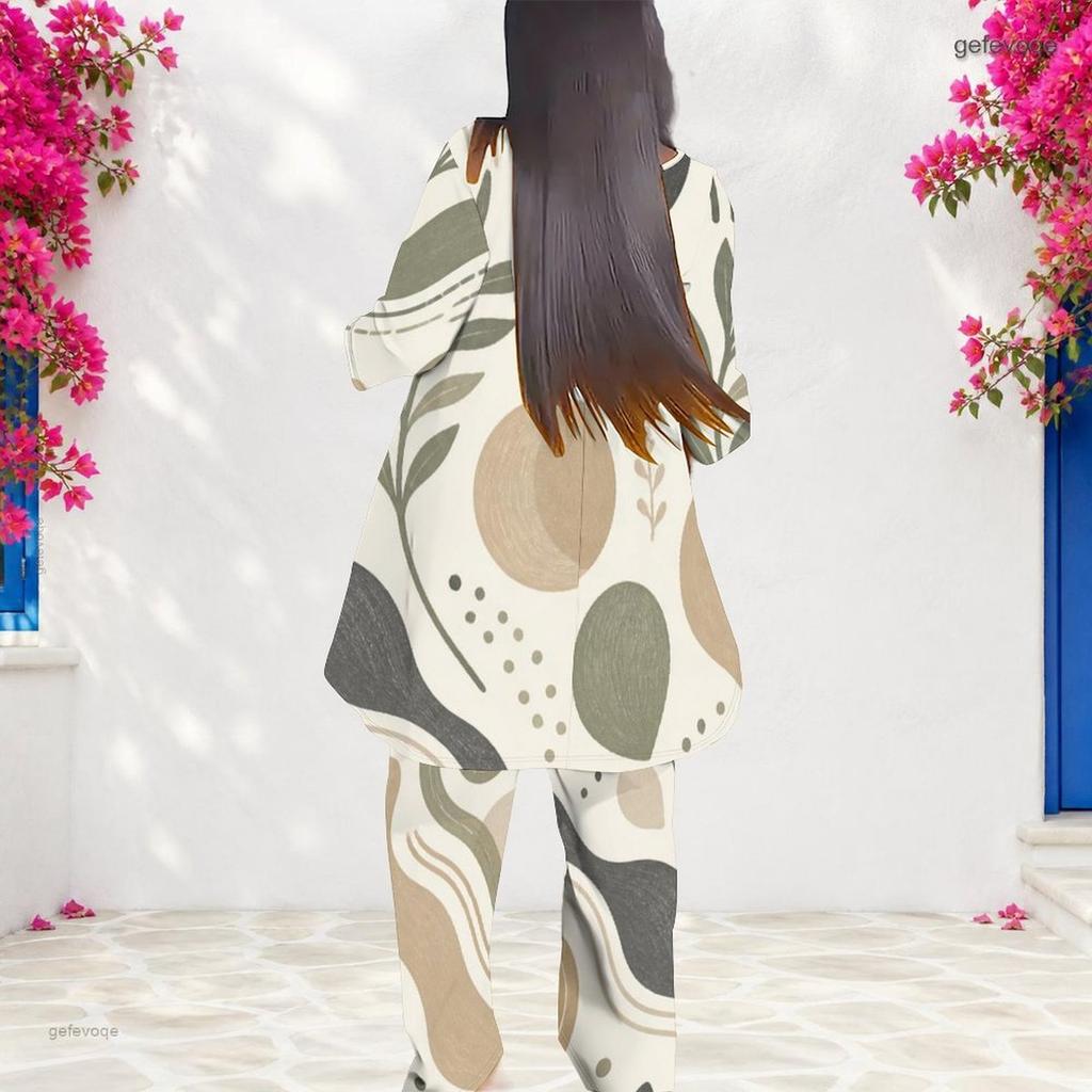 Women Plus Size Round Neck Long Sleeve Blue Orange Printed Layered Top Long Pants Two Piece Set