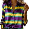 Women Satin Mardi Gras Purple Yellow Green Stripe Bow Print Shirt Long Sleeve Lapel Button Down Blouse Carnival Party Casual Ladies Multi Color Top