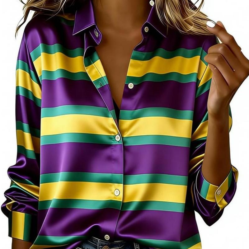 Women Satin Mardi Gras Purple Yellow Green Stripe Bow Print Shirt Long Sleeve Lapel Button Down Blouse Carnival Party Casual Ladies Multi Color Top
