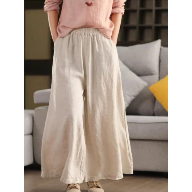 Johnature Women Vintage Linen Wide Leg Pants Elastic Waist Solid Color Trousers Spring Loose Casual Female Long Pants