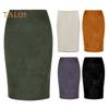 Bleistiftrock für Damen, hohe Taille, hüftumwickelt, einfarbig, Wildlederrock mit Schlitz auf der Rückseite, Reißverschlussleiste, knielanger Rock
