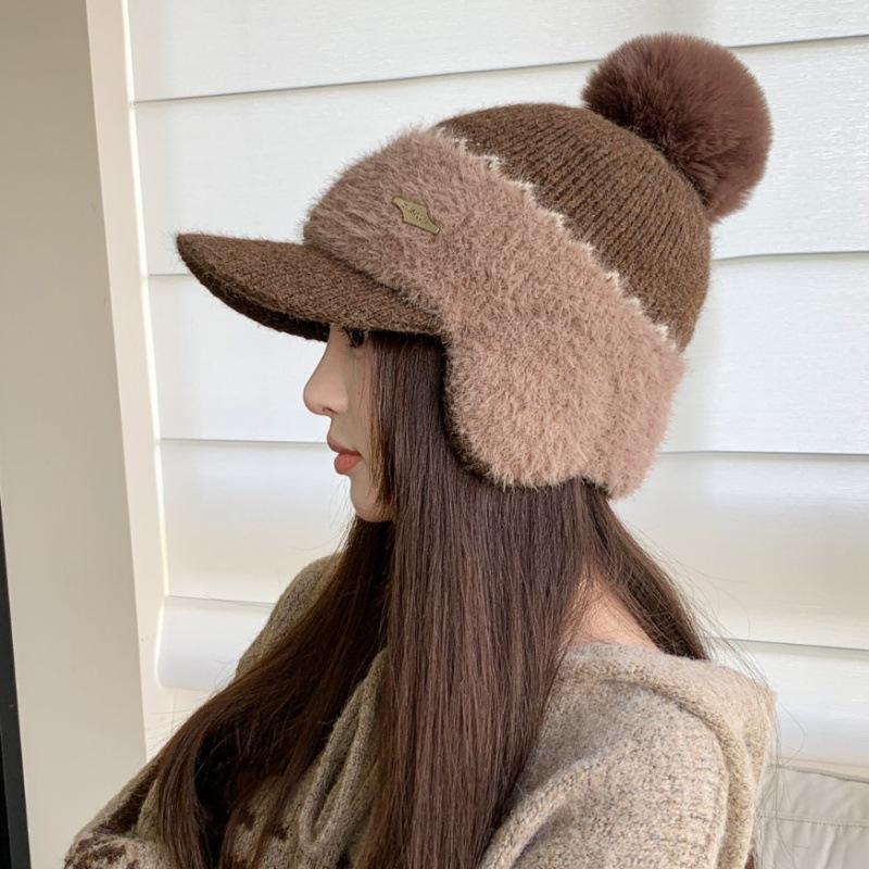 Autumn and Winter Thickened Ear Bag Rabbit Fur Baseball Bag Head Hat Women's Versatile Casual Ear Protection Fleece Knitted Cap