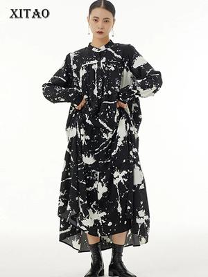 Vintage Print Stand Collar Dress Full Sleeve Temperament Casual Loose Pullover Women DMJ3421