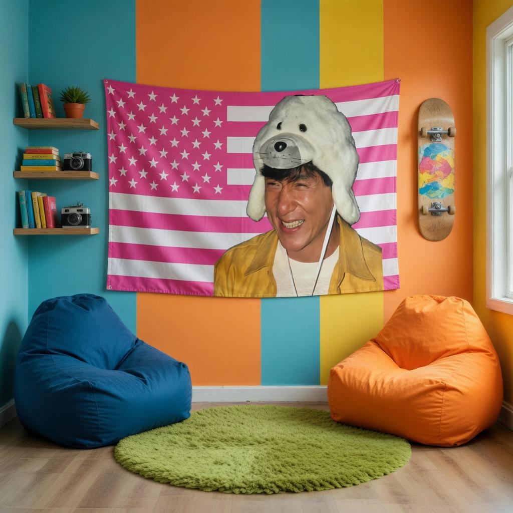 Funny Pink USA Flag Tapestry with Cute Dog Hat Guy  Vibrant Aesthetic Wall Hanging Decor for Home