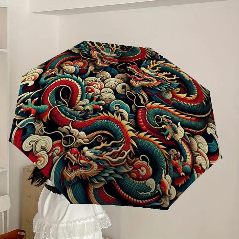 1pc Dragon Pattern Automatic Folding Umbrella - Compact 8-Rib Design,Perfect Gift for Friends & Family yy250926050