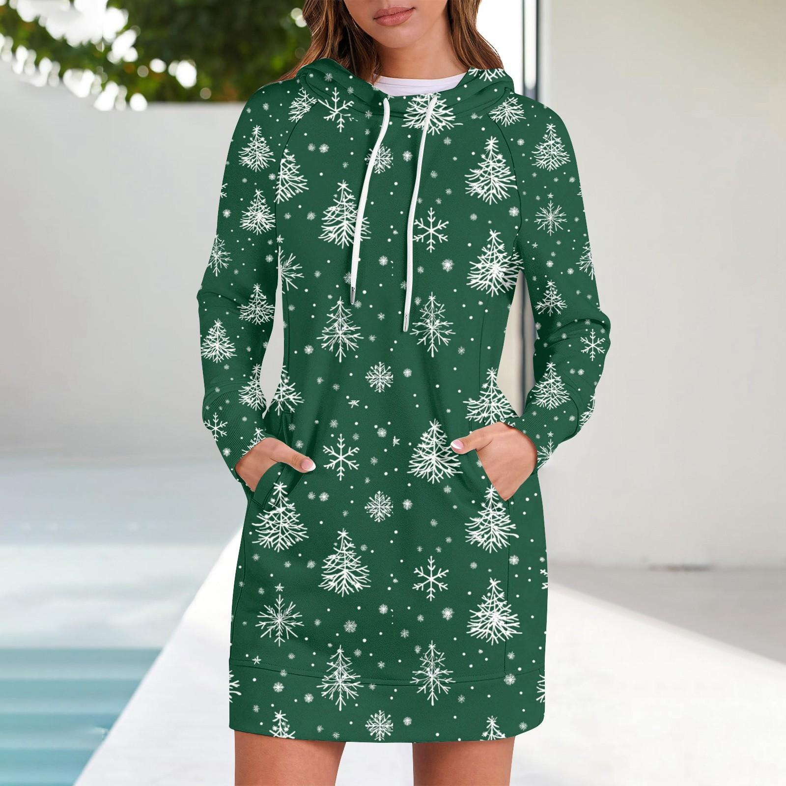 

Женское платье-толстовка с капюшоном с длинным рукавом, платья с принтом снежинки и рождественской елки, повседневная толстовка с капюшоном и карманами, осень и зима XXL