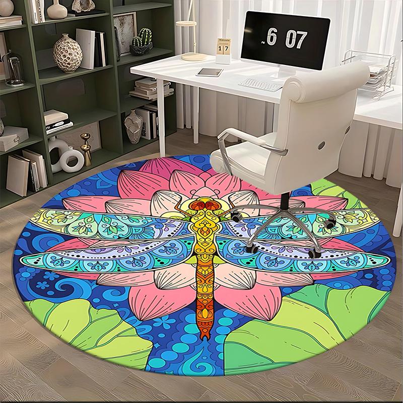 Colorful Dragonfly Office Carpet Chair Mats, Vibrant Lotus Design for Home Decor, Office Carpet Gift, Suitable for Bedroom, Living Room, Various Room