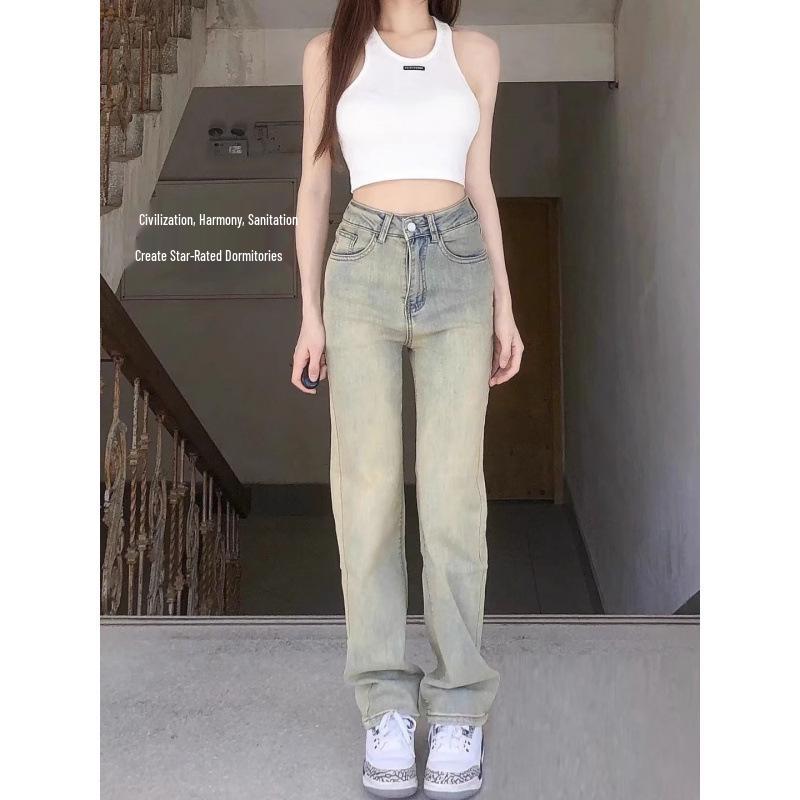 Women s Spring Streetwear High-Waisted Yellow Mud Dye Slimming Jeans Extra Small