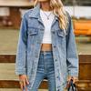Women's Fashionable Versatile Classic Retro Solid Color Lapel Long Sleeved Pocket Loose Denim Jacket