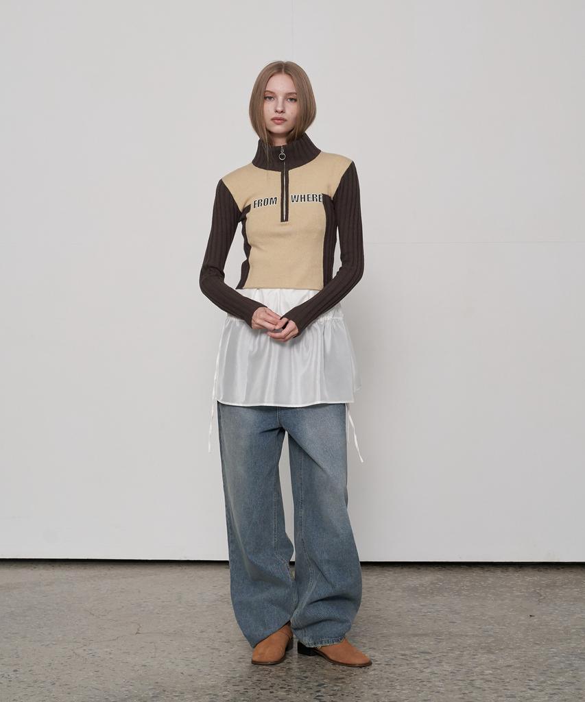 FROMWHERE Applique Zip-Up Sweater Brown