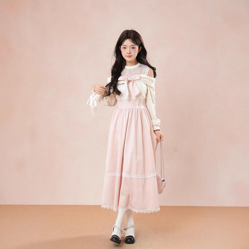 Gentle wind off-the-shoulder dress women's autumn light pink sweet bow lace-up waist cute long dress tide