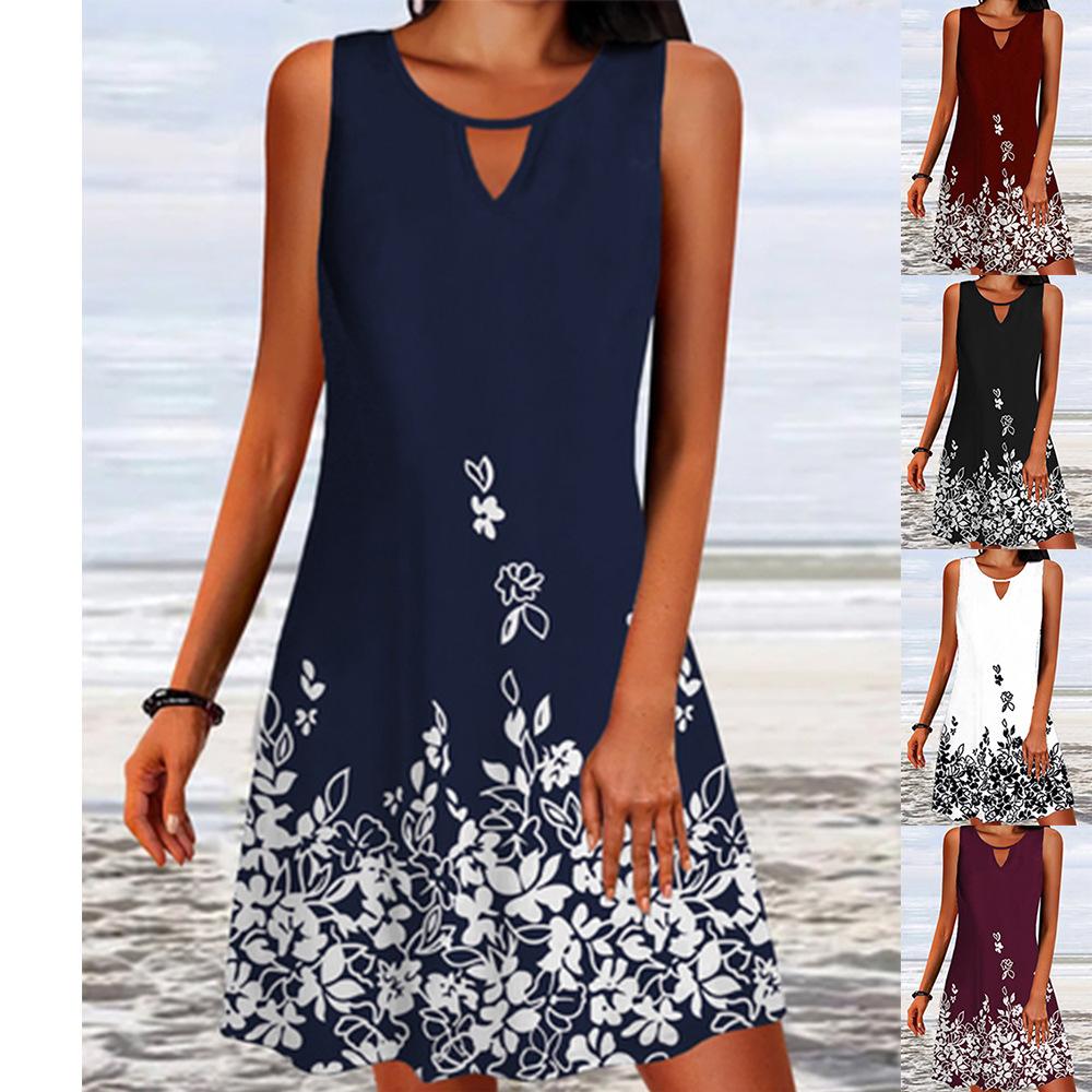 Jupe d'été ample imprimée à manches longues pour femmes, robe sans manches à motif Floral