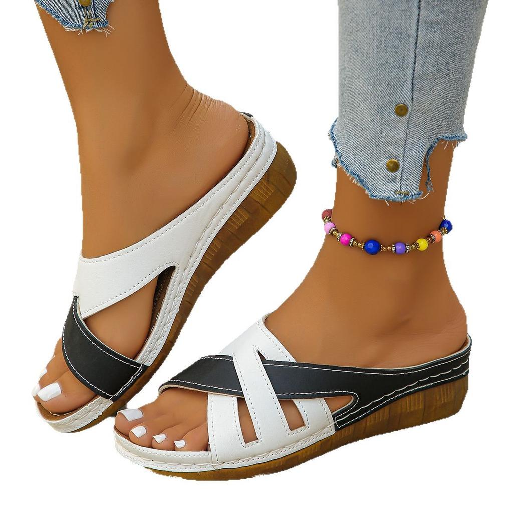 Sandals versatile color matching fish mouth one-word fashion style women's thick-soled wedge slippers