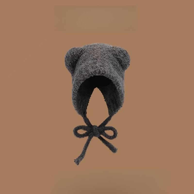 Winter Women Cute Warm Beanie with Bear Era Earmuffs Outdoor Travel Cycling Knitt Thick Fluffy Warm Pullover Cap for Autumn