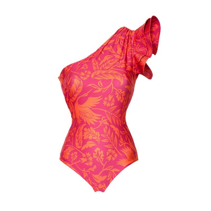 European and American one-piece swimsuit with three-dimensional ruffle leaf edges and single-shoulder print, feminine and slimming, stunning swimwear S